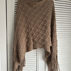 Tan Poncho Style Shrug with Fringe